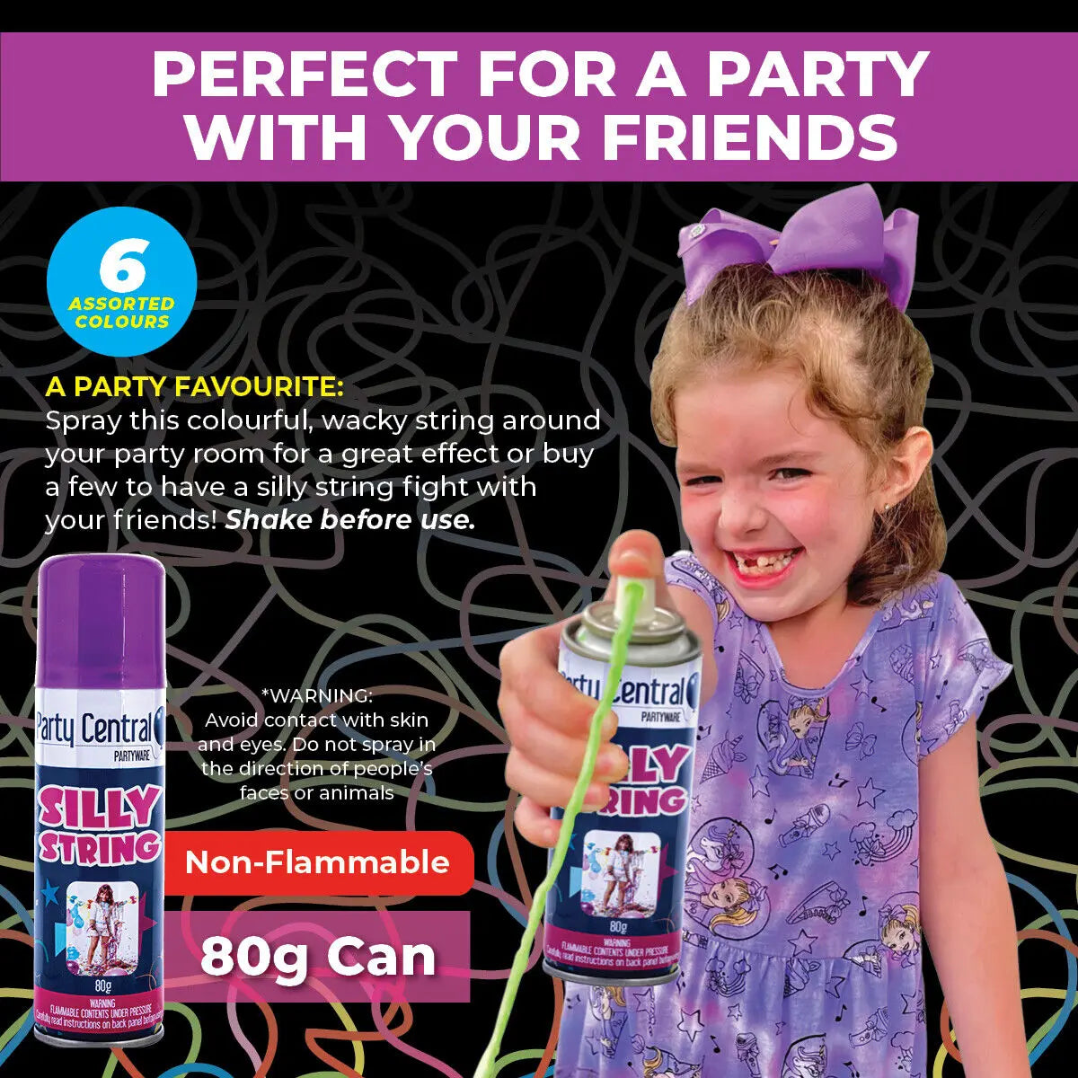 Party String 6pk Crazy String Assorted Colours