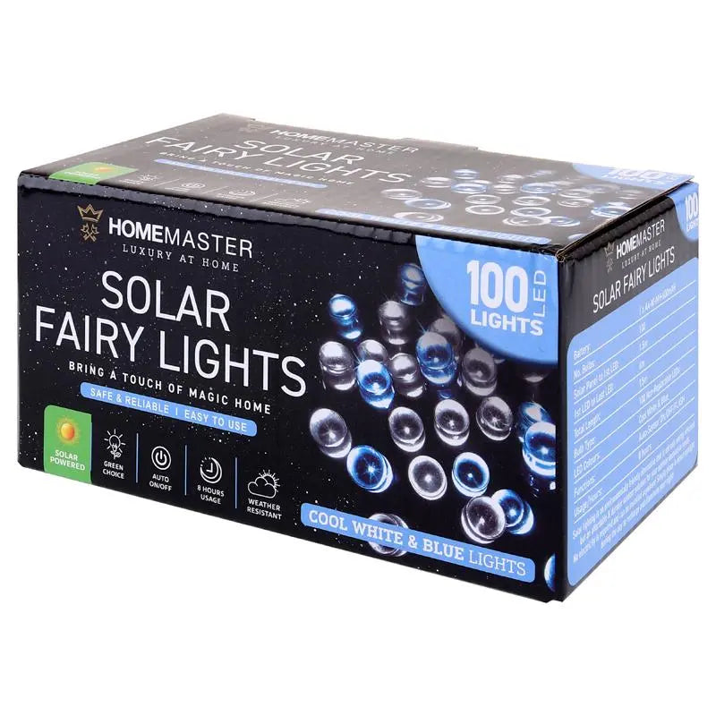 Solar 100 Cool White & Blue LED Fairy Lights 7.5M Total Length