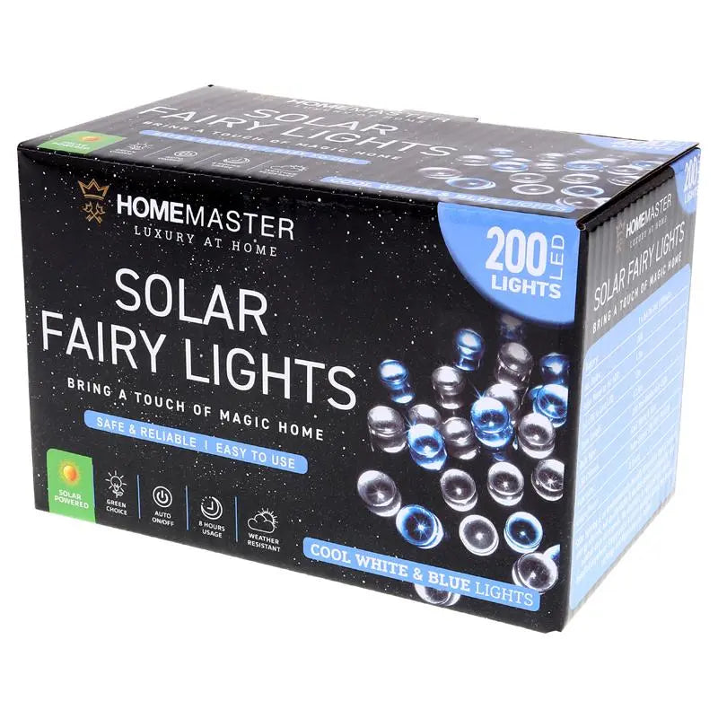 Solar 200 Cool White & Blue LED Fairy Lights 13.5M Total Length