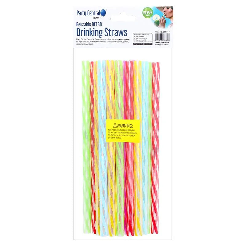 Reusable Retro Stripe Plastic Drinking Straws 20cm 20pcs