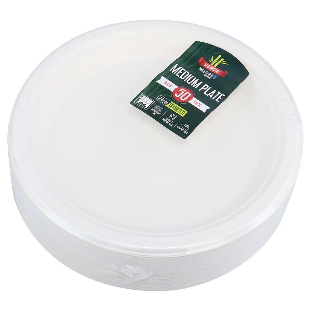 White Large Round Sugarcane Plates 23cm (9") 50pcs