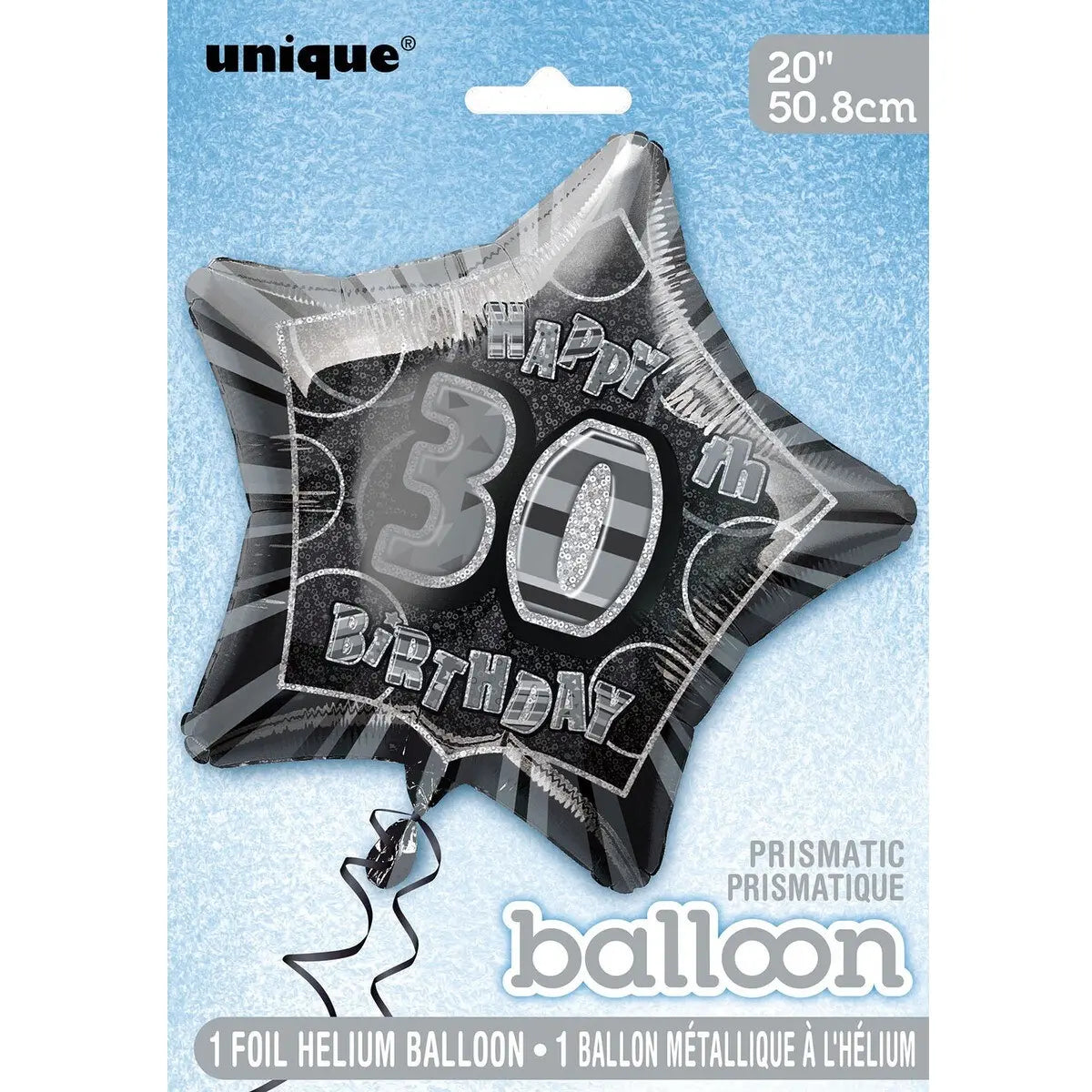 Glitz Black & Silver 30th Birthday Star Foil Balloon 50cm (20")