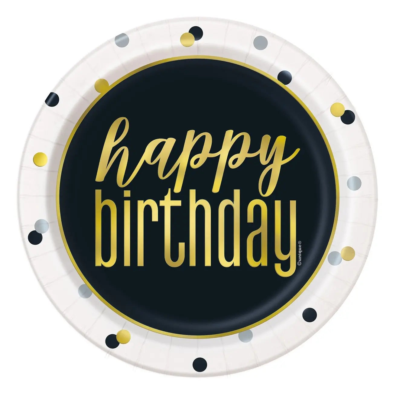 Metallic Happy Birthday Small Paper Plates 18cm (7") 8pk Foil Stamped