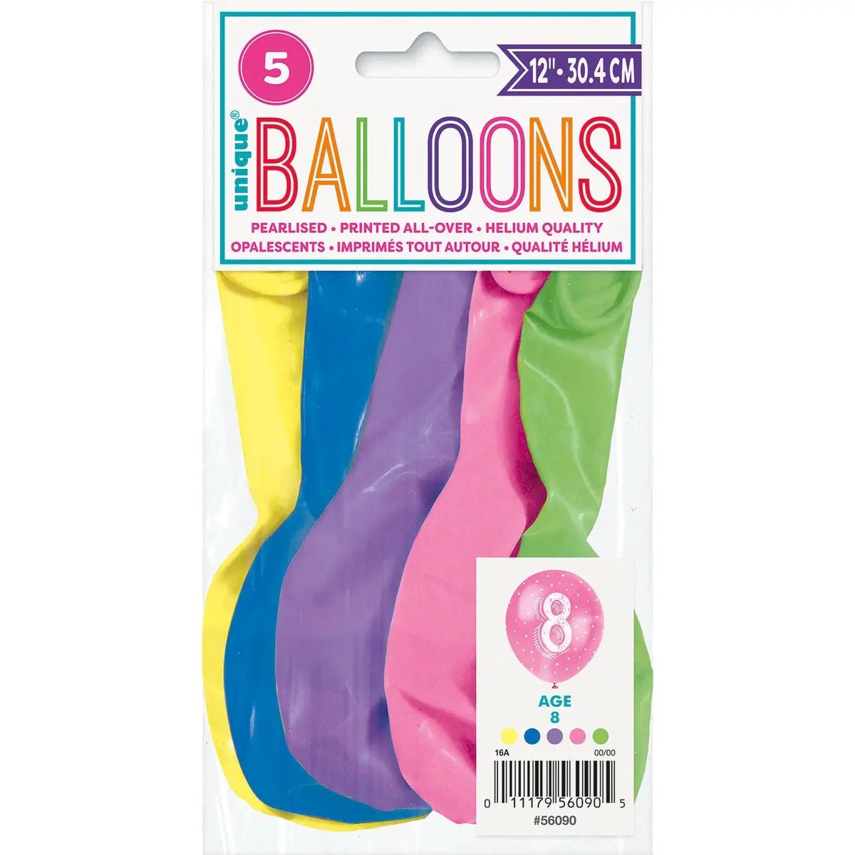 8th Birthday Pearl Latex Balloons 30cm (12") 5pk Assorted Colours - NextParty