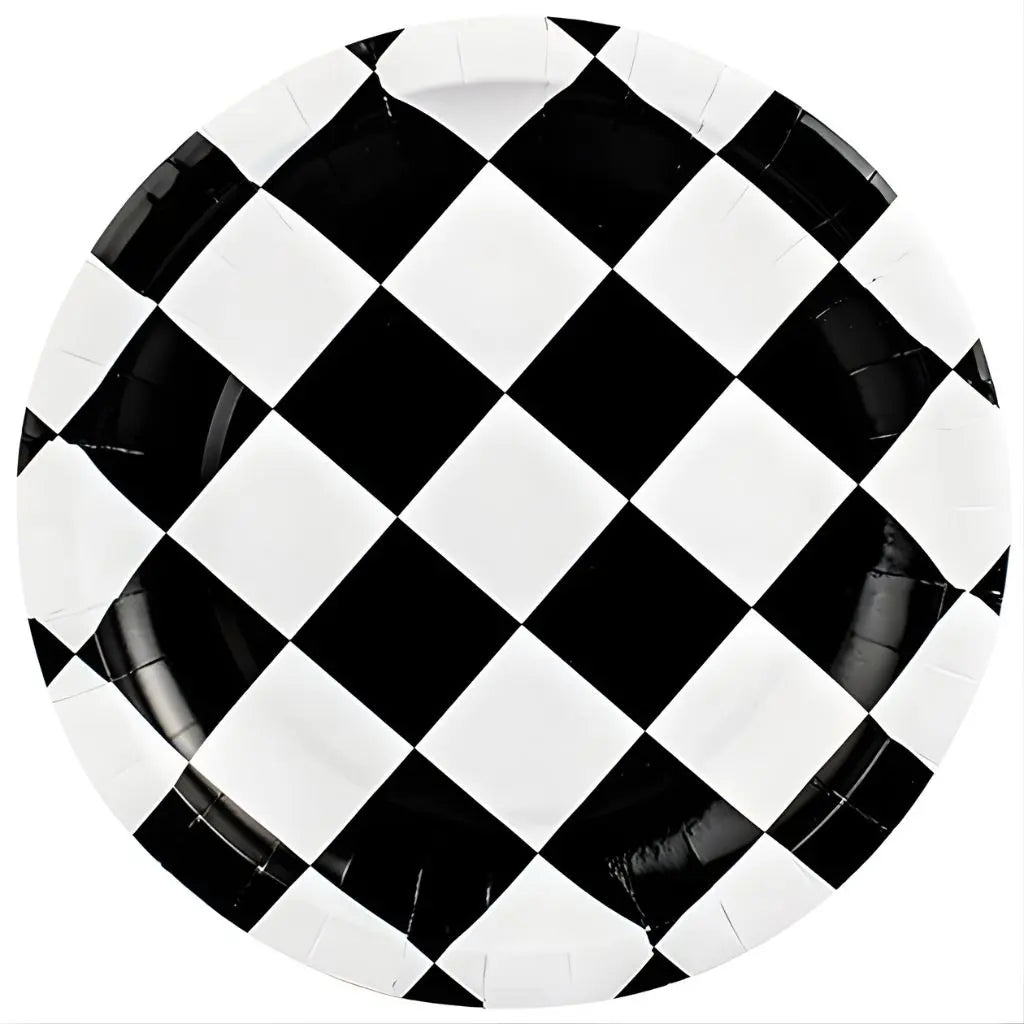 Black & White Checkered Large Paper Plates 23cm (9") 10pcs