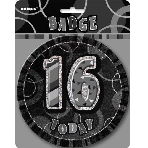 Glitz Black And Silver Jumbo 16th Birthday Badge 15CM (6") - NextParty