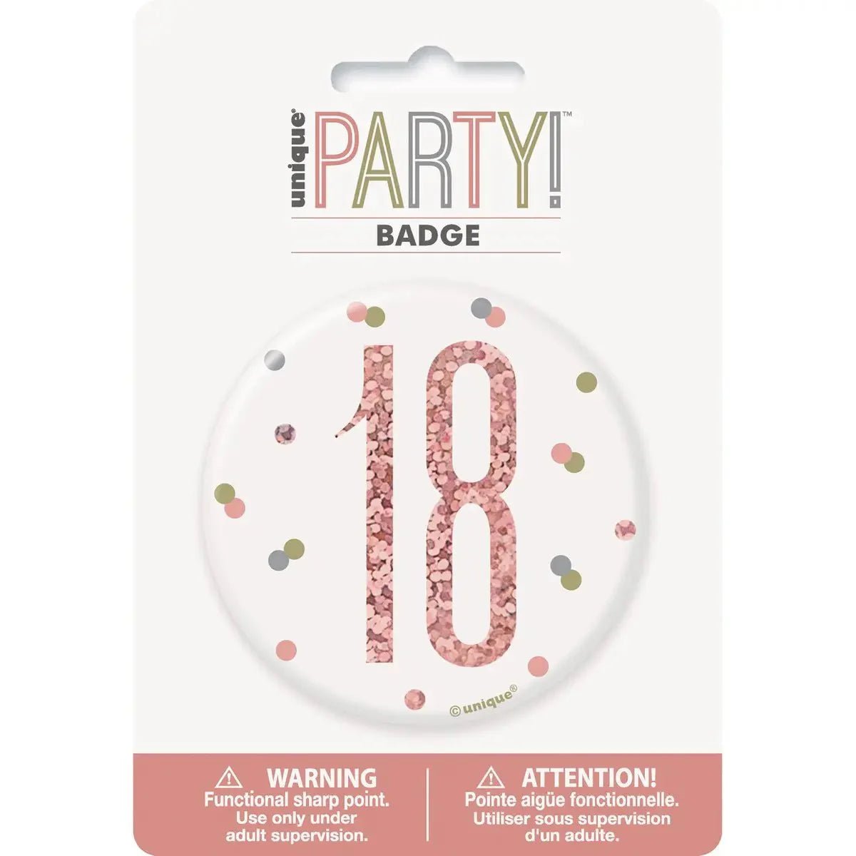 Glitz Rose Gold Birthday Badge 7.6cm (3") - 18th - NextParty