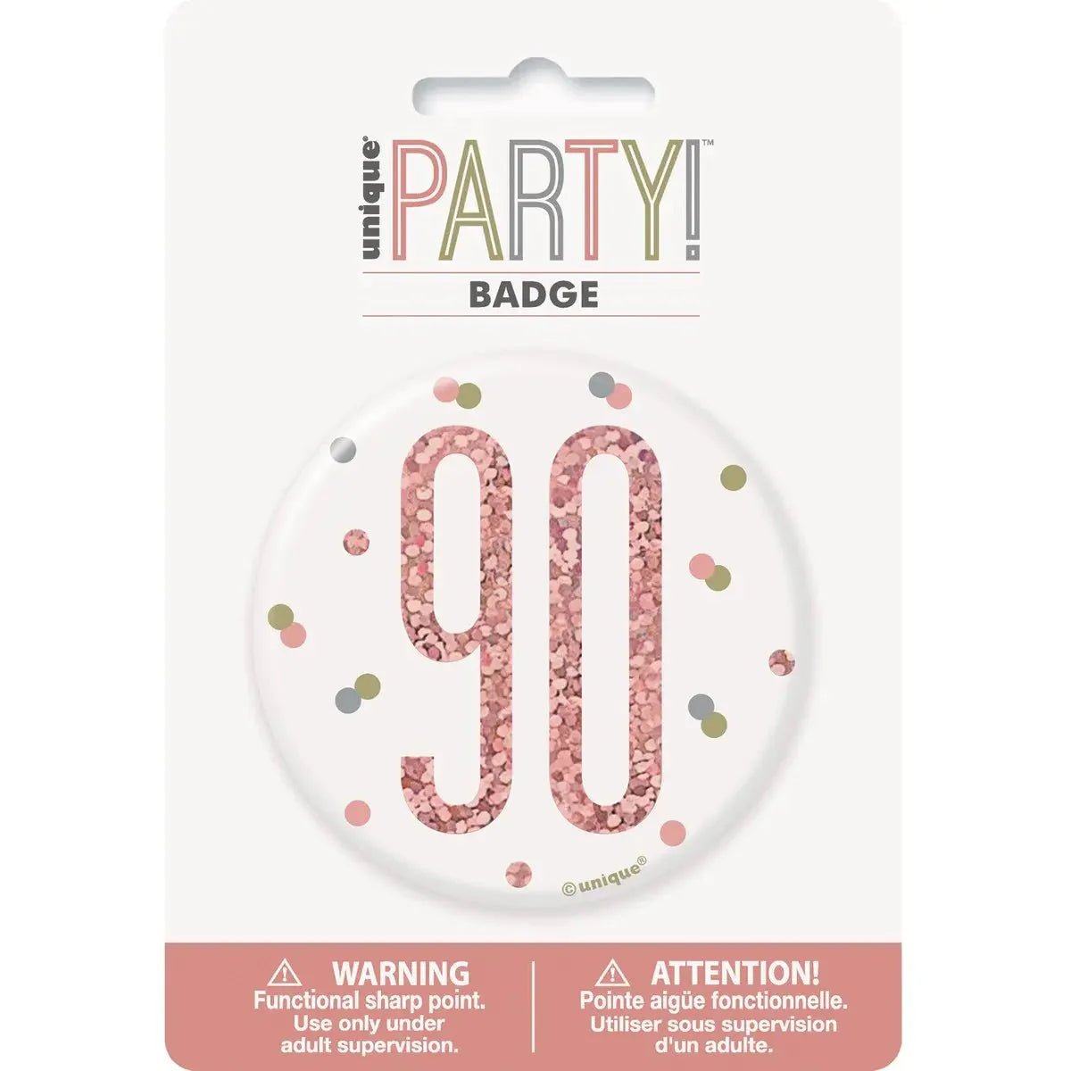 Glitz Rose Gold Birthday Badge 7.6cm (3") - 90th - NextParty