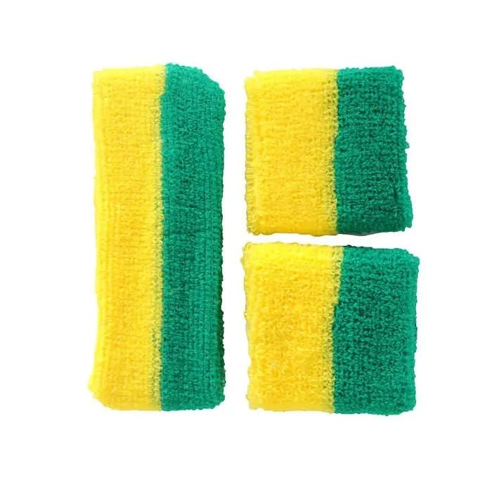 Green & Yellow 80's Cotton Wristbands Headband Sweatbands Set - NextParty