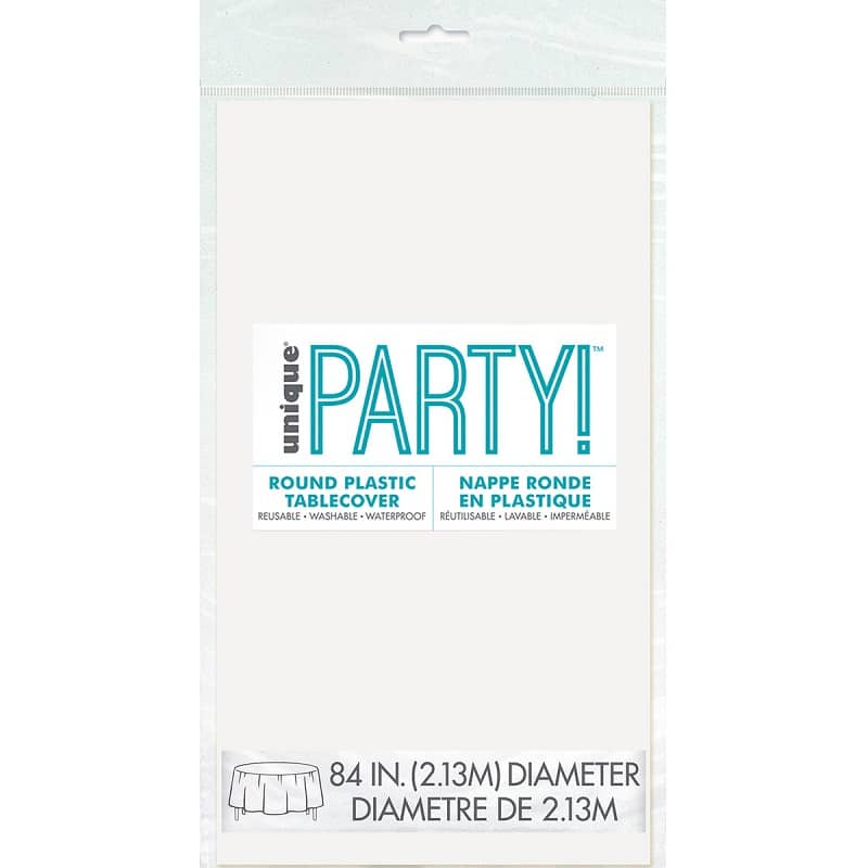 White Solid Colour Round Plastic Table Cover 213cm (84") - NextParty