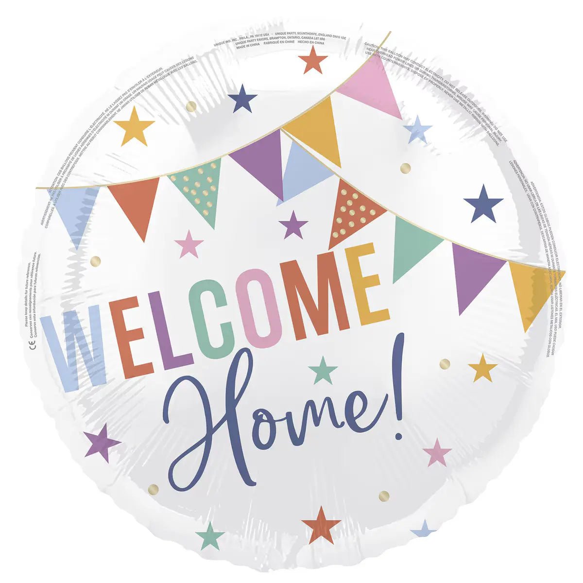 White Welcome Home Foil Balloon 45cm (18") With Bunting Flags & Multicoloured Stars - NextParty