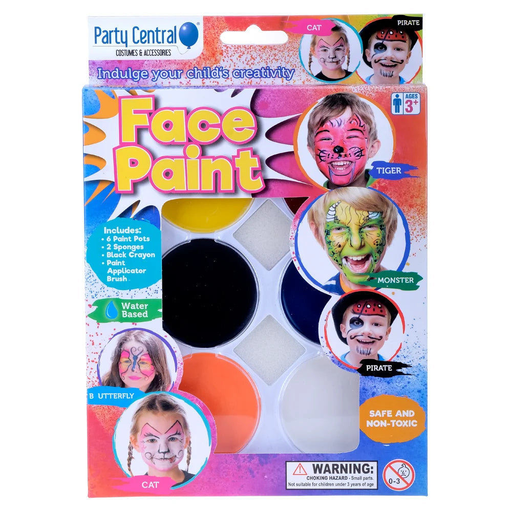 Face Paint Set 6 Colours, 2 Sponges, 1 Crayon