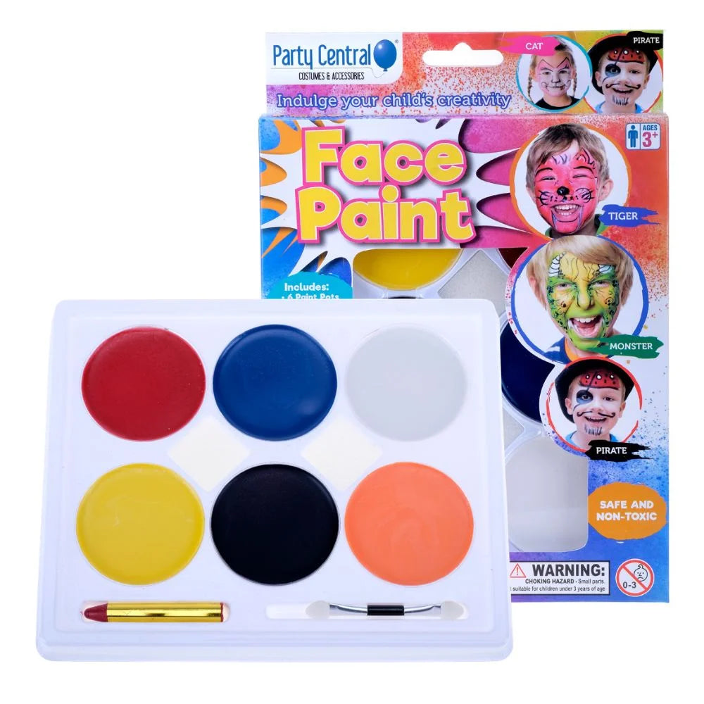 Face Paint Set 6 Colours, 2 Sponges, 1 Crayon