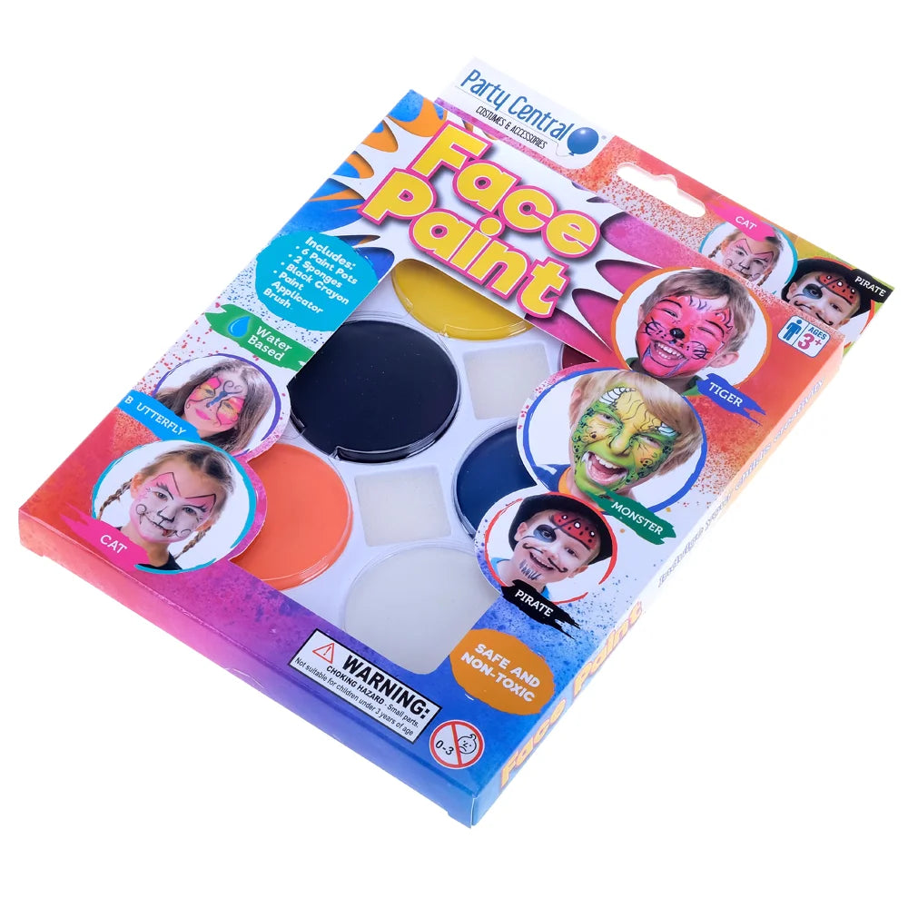 Face Paint Set 6 Colours, 2 Sponges, 1 Crayon