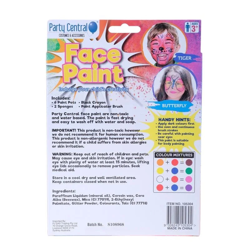 Face Paint Set 6 Colours, 2 Sponges, 1 Crayon