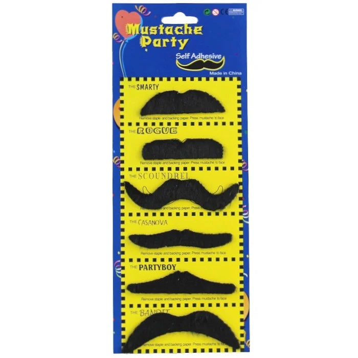 Black Fake Moustaches Set 6pcs Self-Adhesive