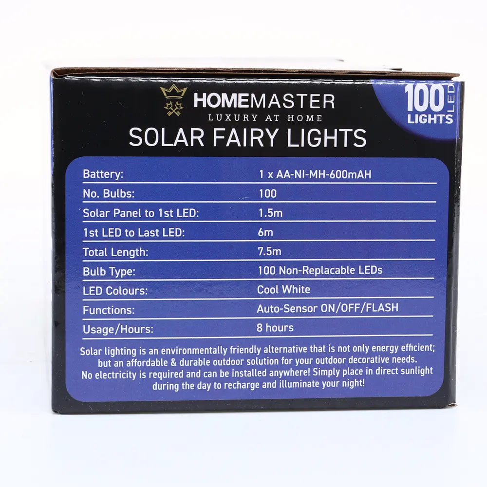 Solar 100 Cool White LED Fairy Lights 7.5M Total Length