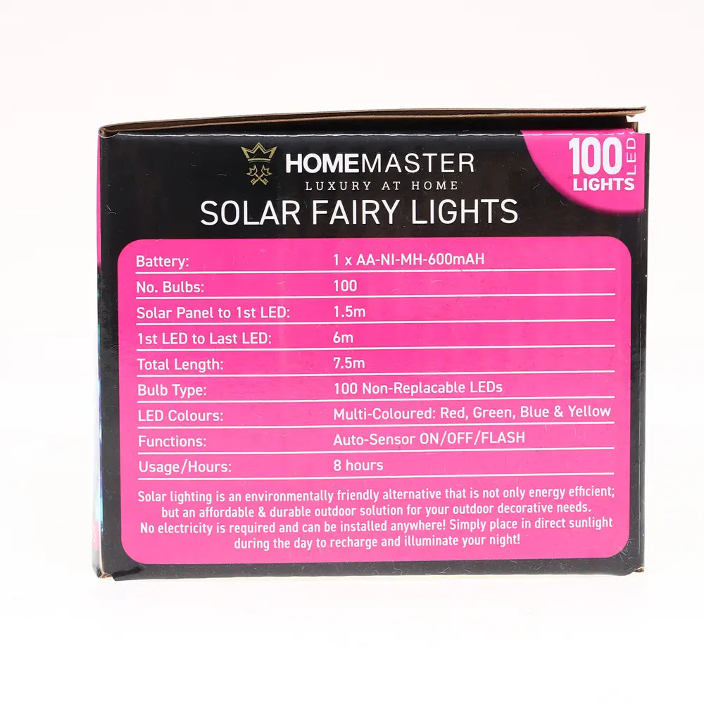 Solar 100 Multicolour LED Fairy Lights 7.5M Total Length