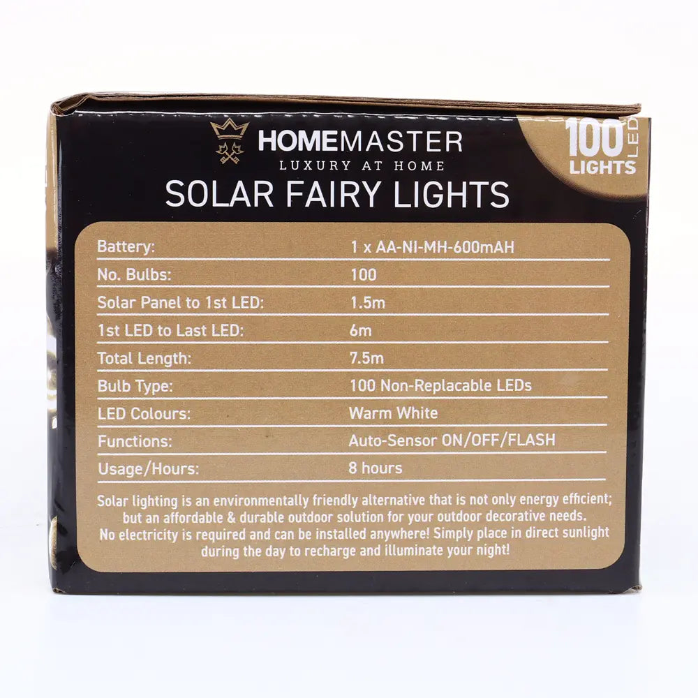 Solar 100 Warm White LED Fairy Lights 7.5M Total Length