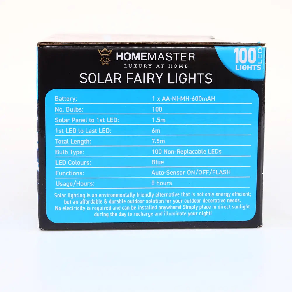 Solar 100 Blue LED Fairy Lights 7.5M Total Length