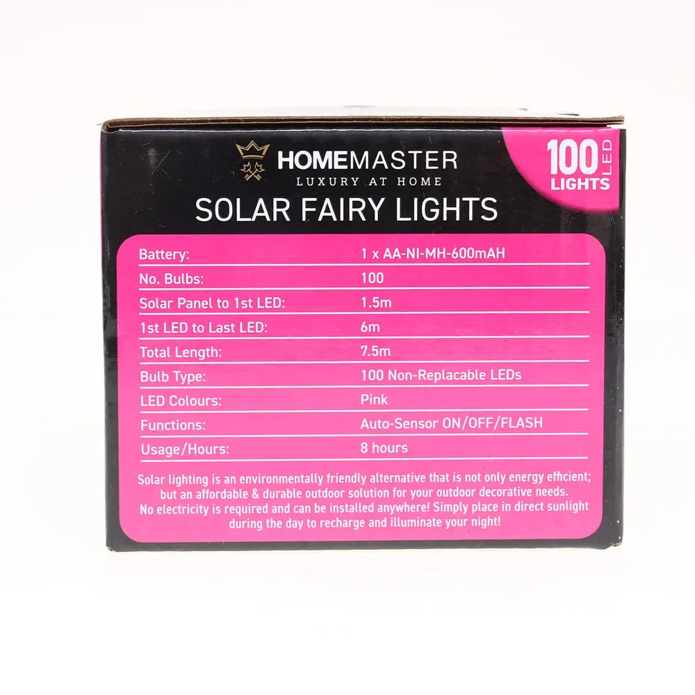 Solar 100 Pink LED Fairy Lights 7.5M Total Length