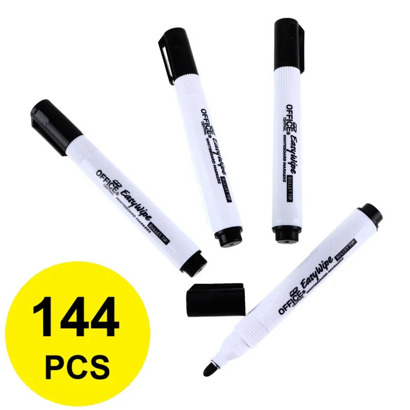 Whiteboard Markers 144pcs Black Ink Colour Bullet Tips - Bulk Pack