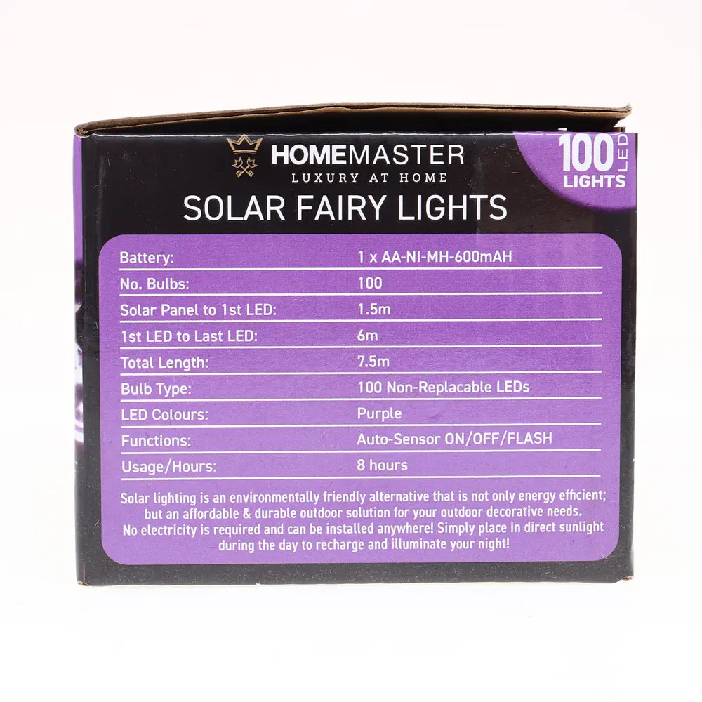 Solar 100 Purple LED Fairy Lights 7.5M Total Length