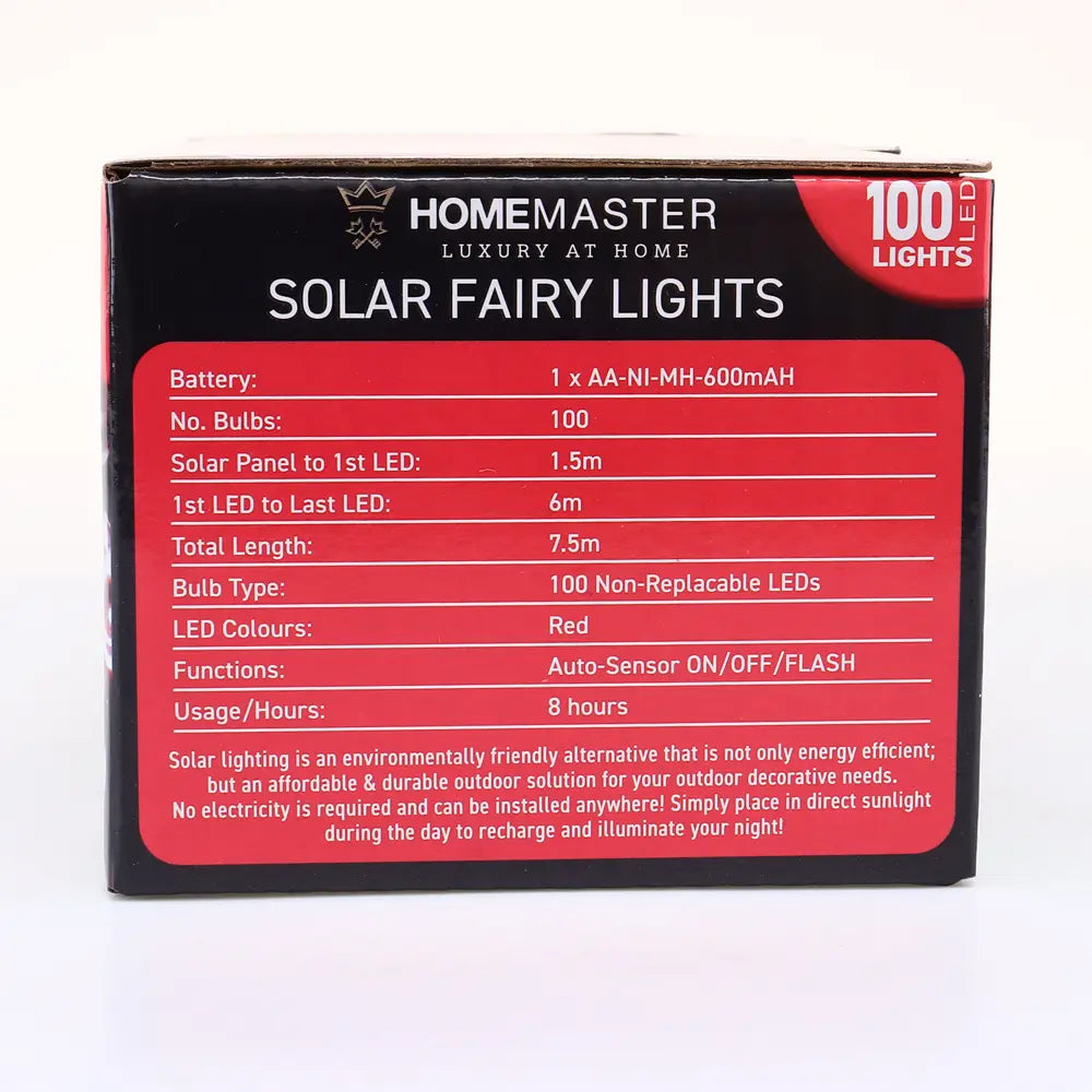 Solar 100 Red LED Fairy Lights 7.5M Total Length