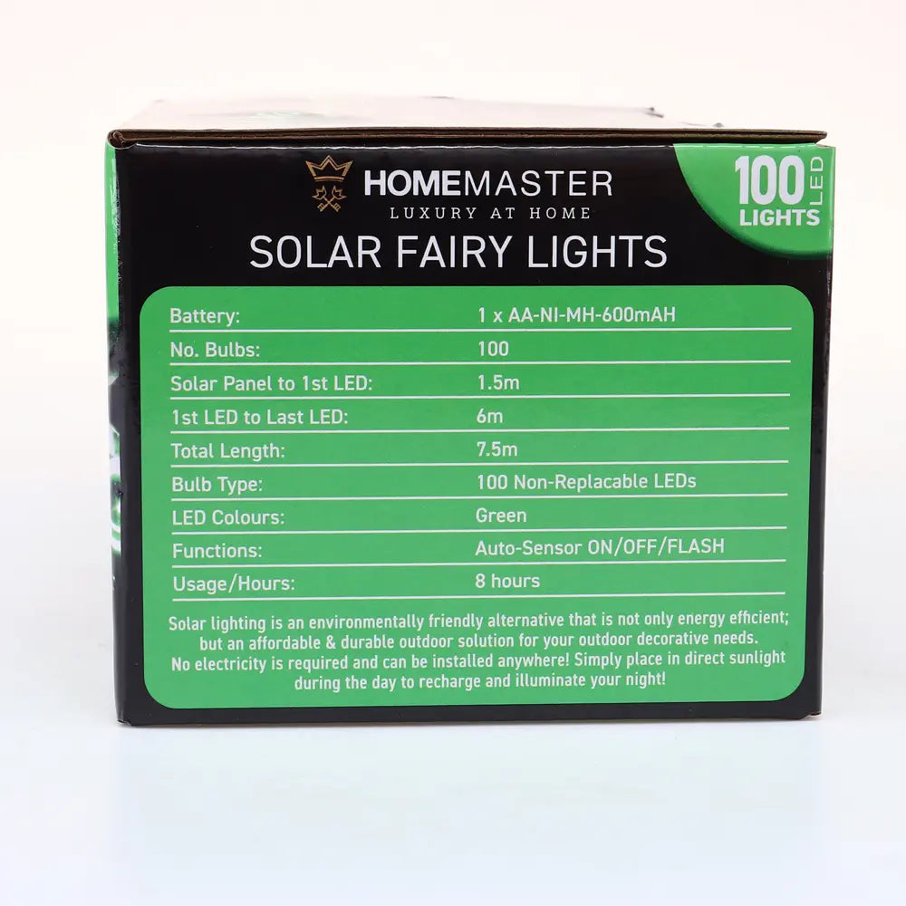 Solar 100 Green LED Fairy Lights 7.5M Total Length