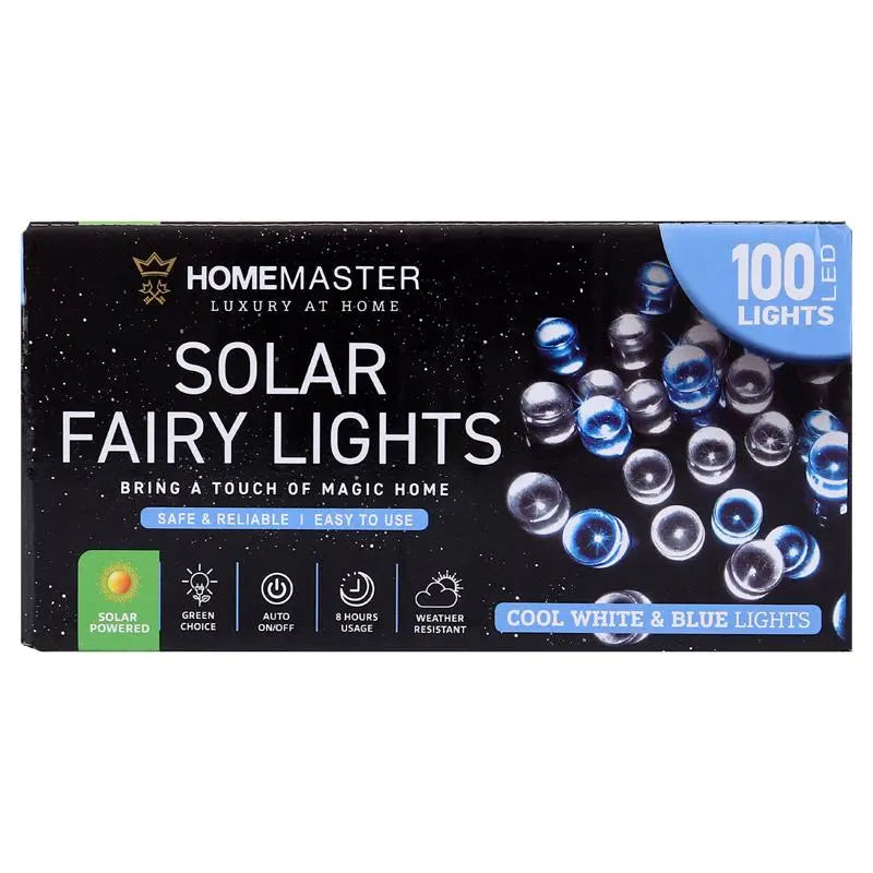 Solar 100 Cool White & Blue LED Fairy Lights 7.5M Total Length