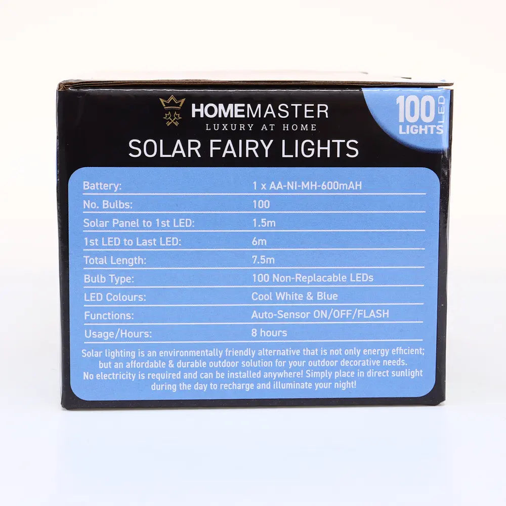 Solar 100 Cool White & Blue LED Fairy Lights 7.5M Total Length