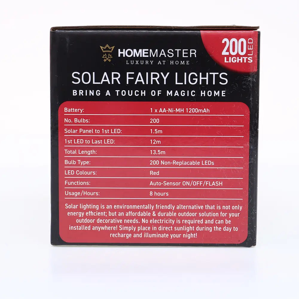 Solar 200 Red LED Fairy Lights 13.5M Total Length