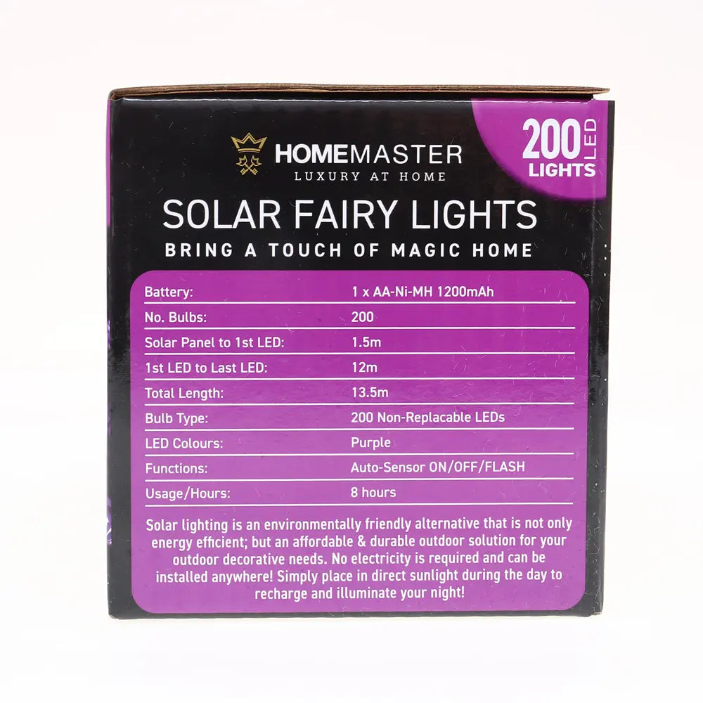 Solar 200 Purple LED Fairy Lights 13.5M Total Length
