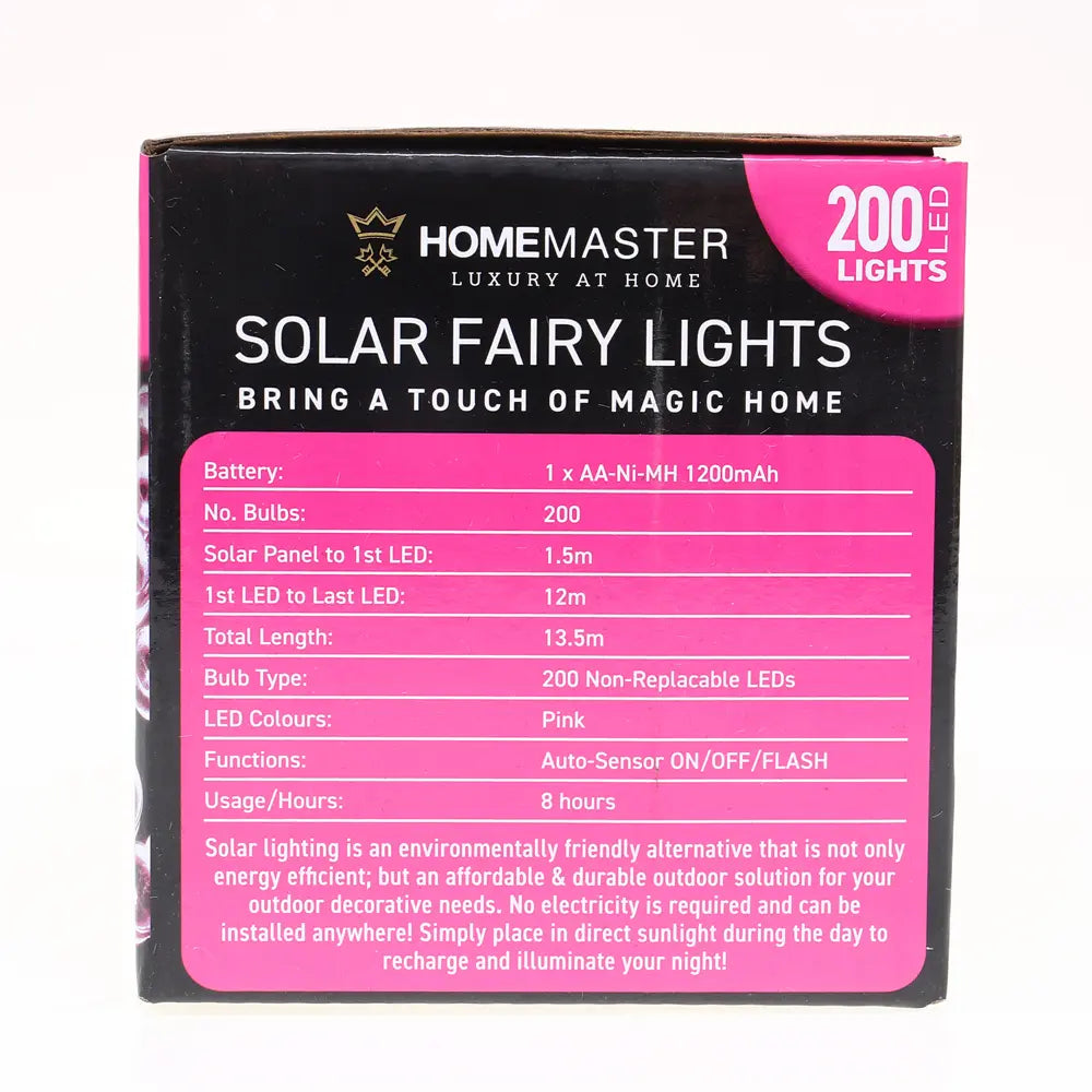 Solar 200 Pink LED Fairy Lights 13.5M Total Length