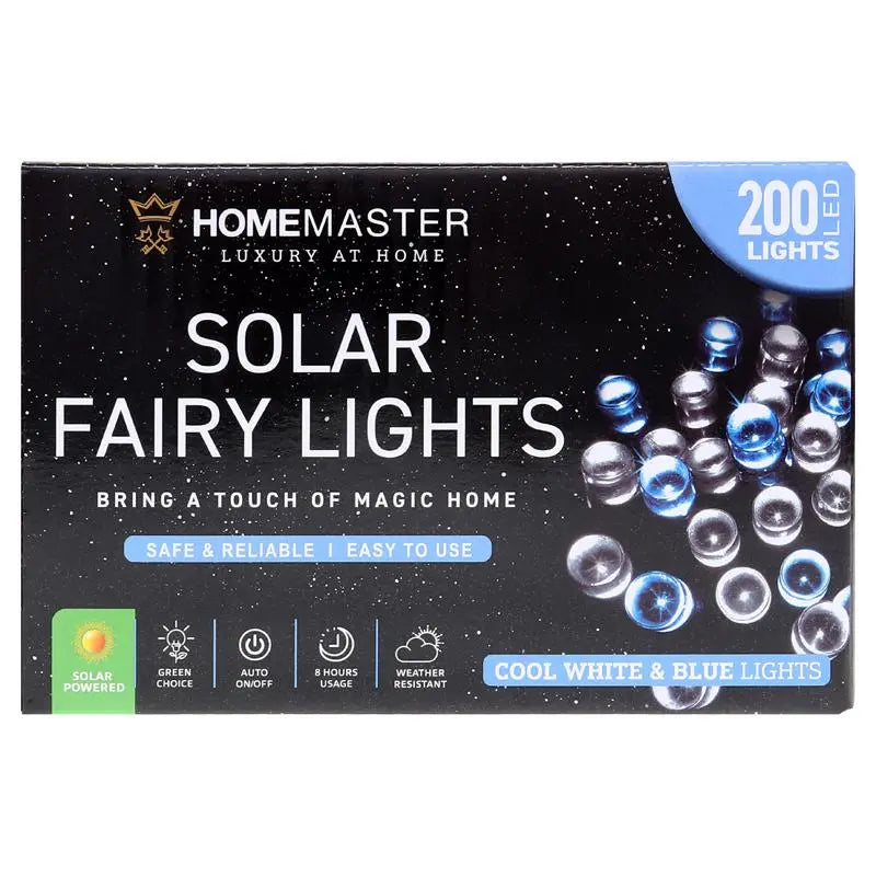 Solar 200 Cool White & Blue LED Fairy Lights 13.5M Total Length