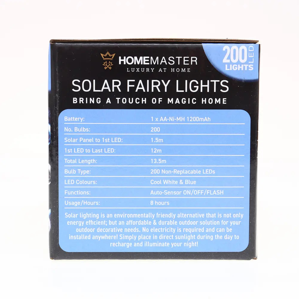 Solar 200 Cool White & Blue LED Fairy Lights 13.5M Total Length