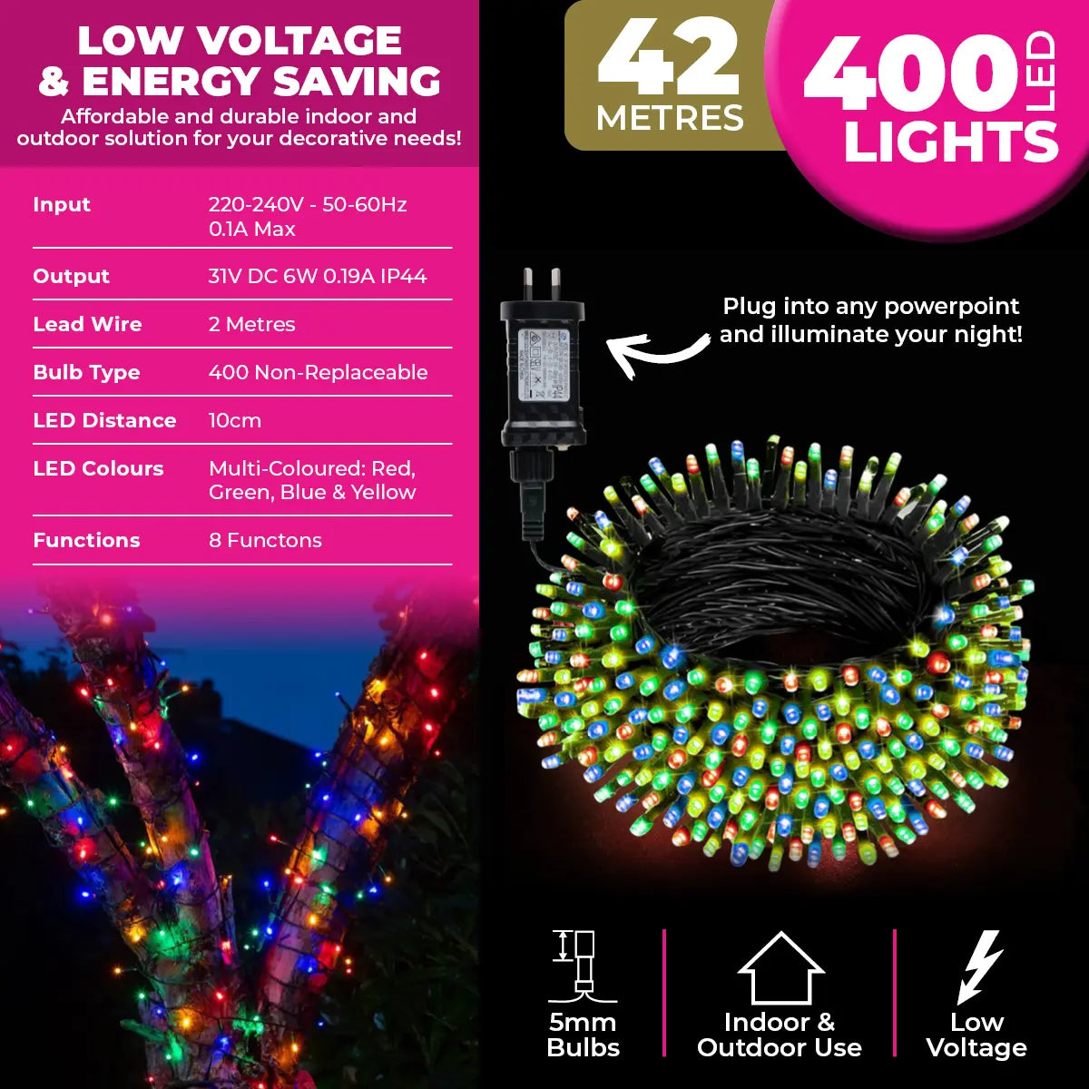 400 Multicolour LED Fairy Lights 42M Total Length 8 Functions