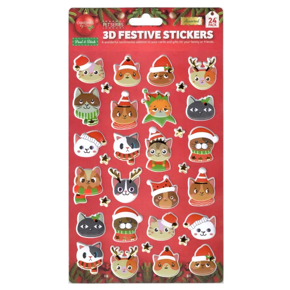 Christmas Theme Pets 3D Stickers 24pcs 14cm x 25cm Assorted Sets
