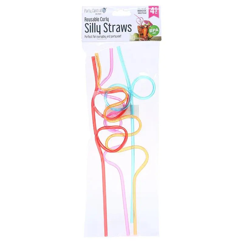 Crazy Curly Wriggle Straws 4pcs 26cm x 5mm Assorted