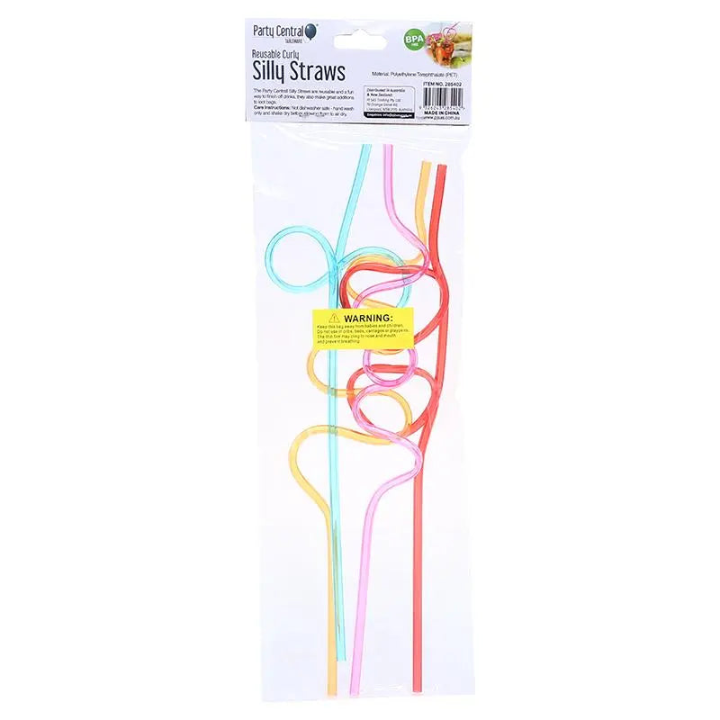 Crazy Curly Wriggle Straws 4pcs 26cm x 5mm Assorted