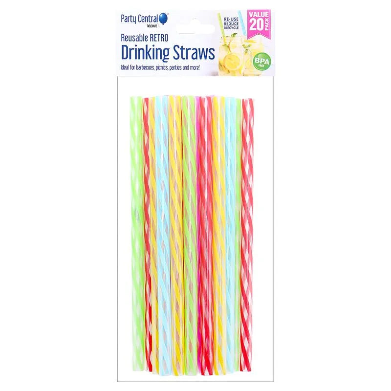 Reusable Retro Stripe Plastic Drinking Straws 20cm 20pcs