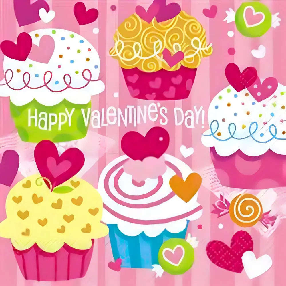 "Happy Valentine's Day" Lunch Napkins 16pcs Cupcake Hearts