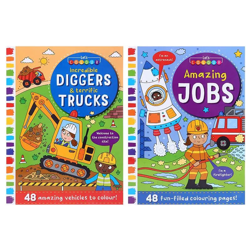 Two children's coloring books titled 'Incredible Diggers & Terrible Trucks' and 'Amazing Jobs' on a white background.