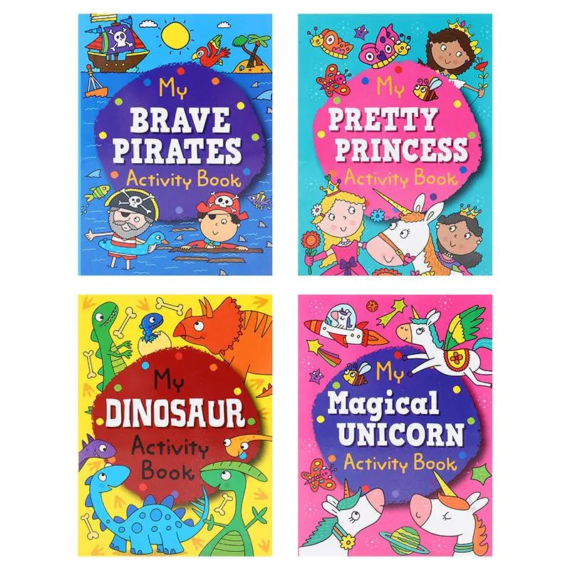 4 Colouring & Activity Books A6 96-Page Pirates Princess Dinosaur Unicorn