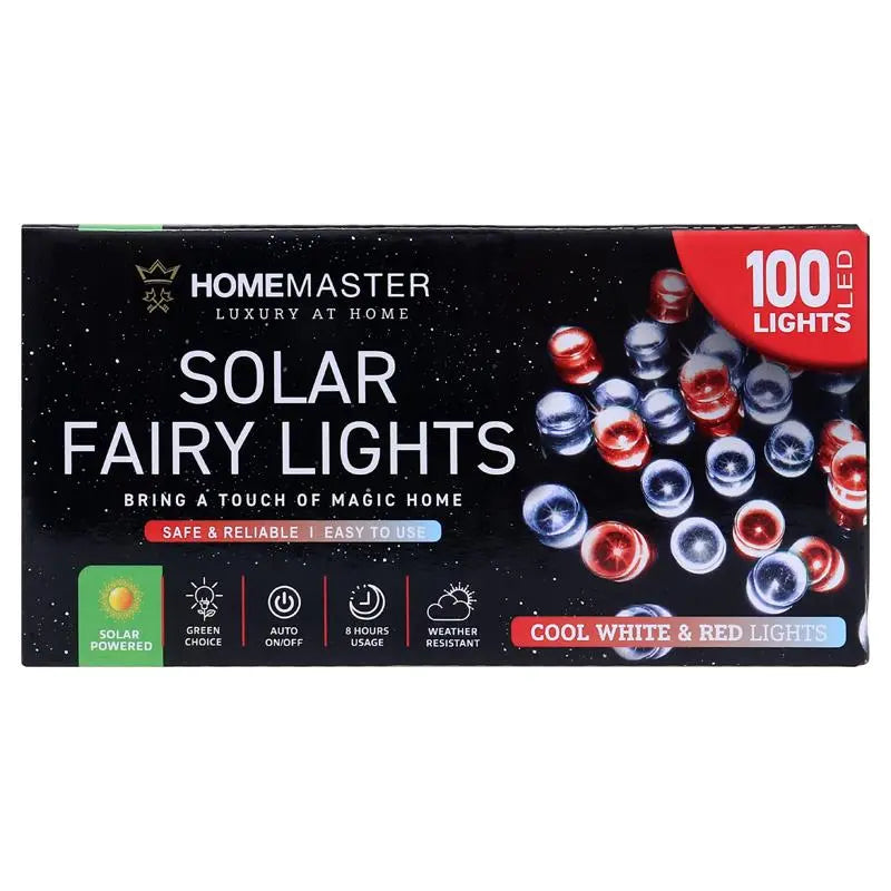 Solar 100 Red & Cool White LED Fairy Lights 7.5M Total Length