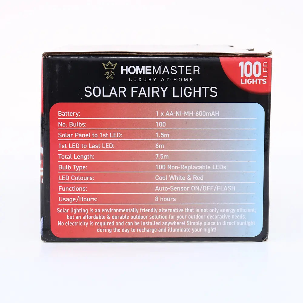 Solar 100 Red & Cool White LED Fairy Lights 7.5M Total Length