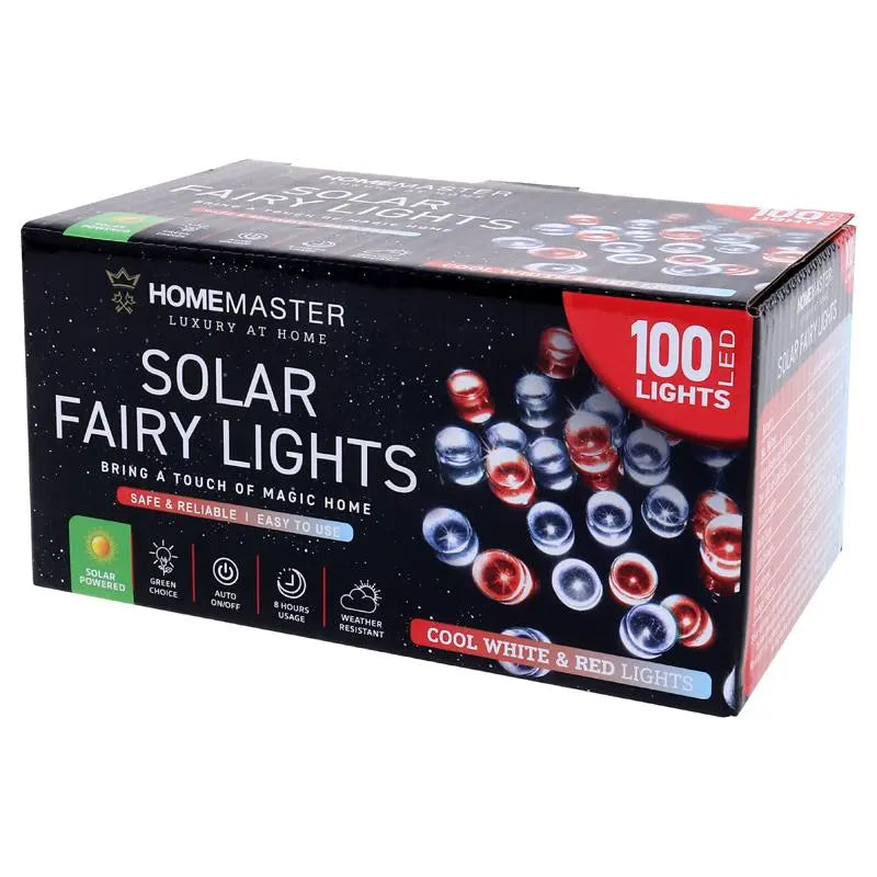 Solar 100 Red & Cool White LED Fairy Lights 7.5M Total Length