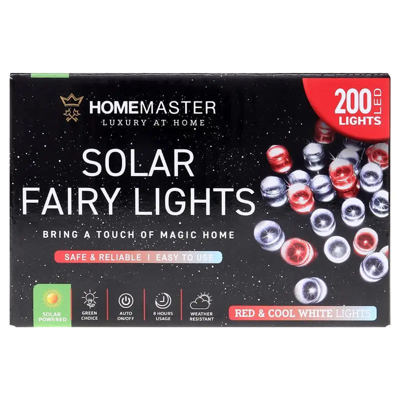 Solar 200 Cool White & Red LED Fairy Lights 13.5M Total Length
