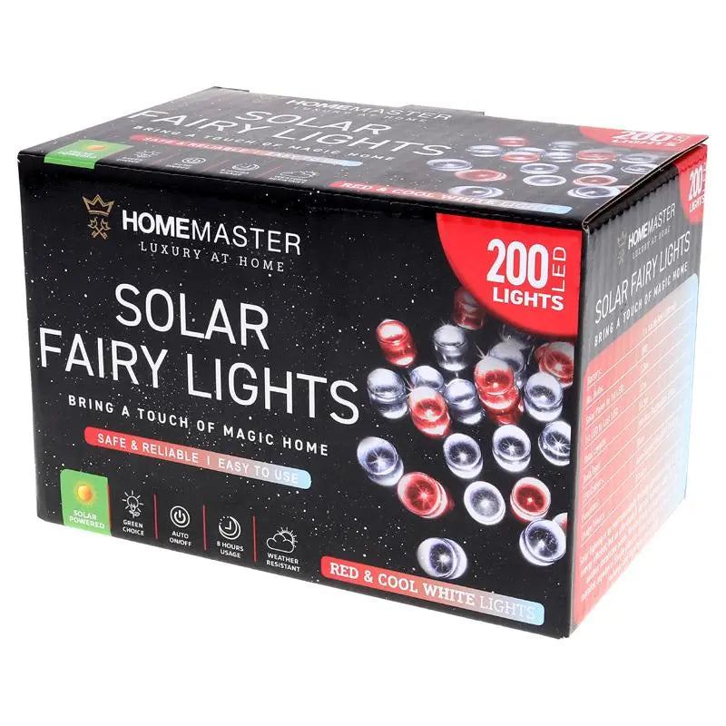 Solar 200 Cool White & Red LED Fairy Lights 13.5M Total Length