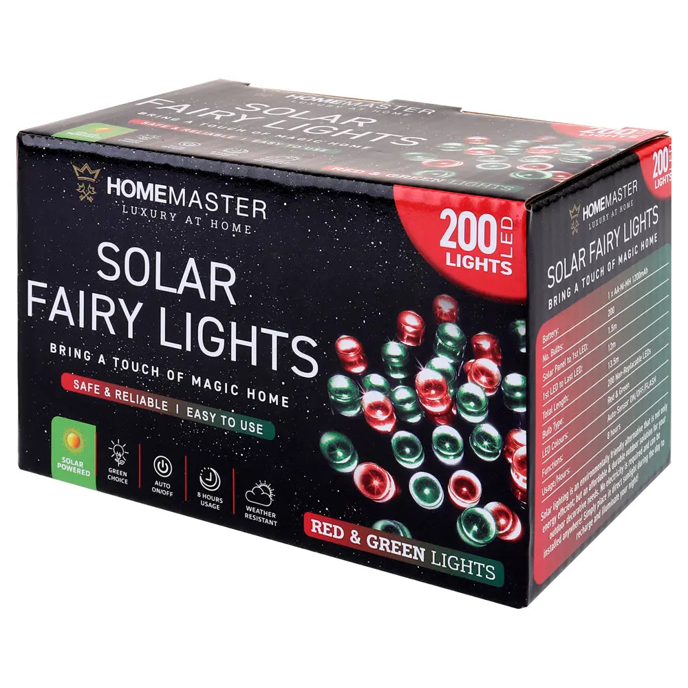 Solar 200 Red & Green LED Fairy Lights 13.5M Total Length